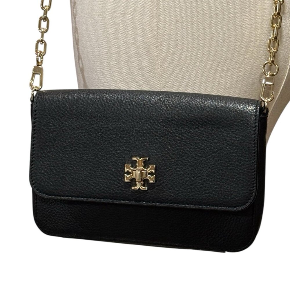 Tory Burch Mercer Chain Pebble Leather Black Turn Lock Crossbody Bag Purse Dust - Picture 3 of 12